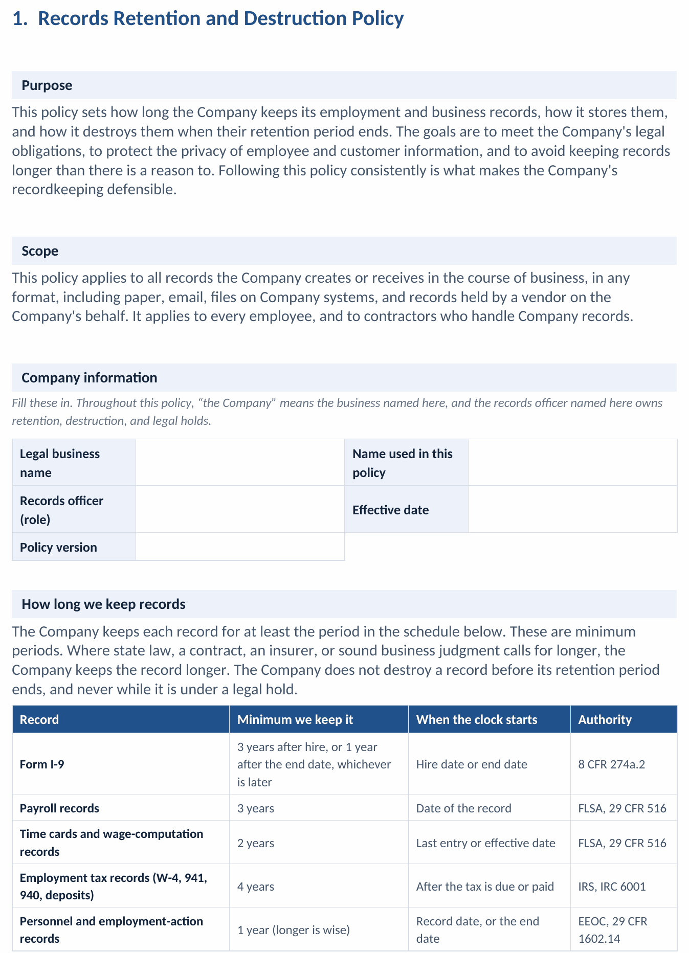 Section one of the Records Retention and Destruction Policy from the Word file: the purpose and scope, a shaded Company information table with fill-in fields for the legal business name, the records officer, the effective date, and the policy version, and the top of the built-in retention schedule with the federal minimums and authorities