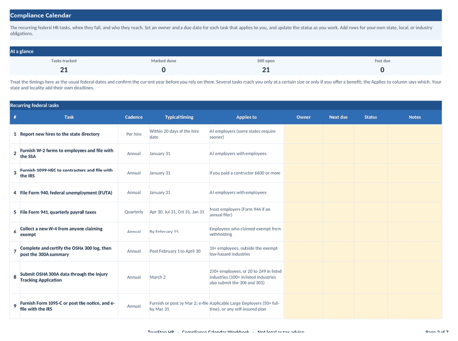 HR compliance calendar workbook listing recurring tasks and due dates