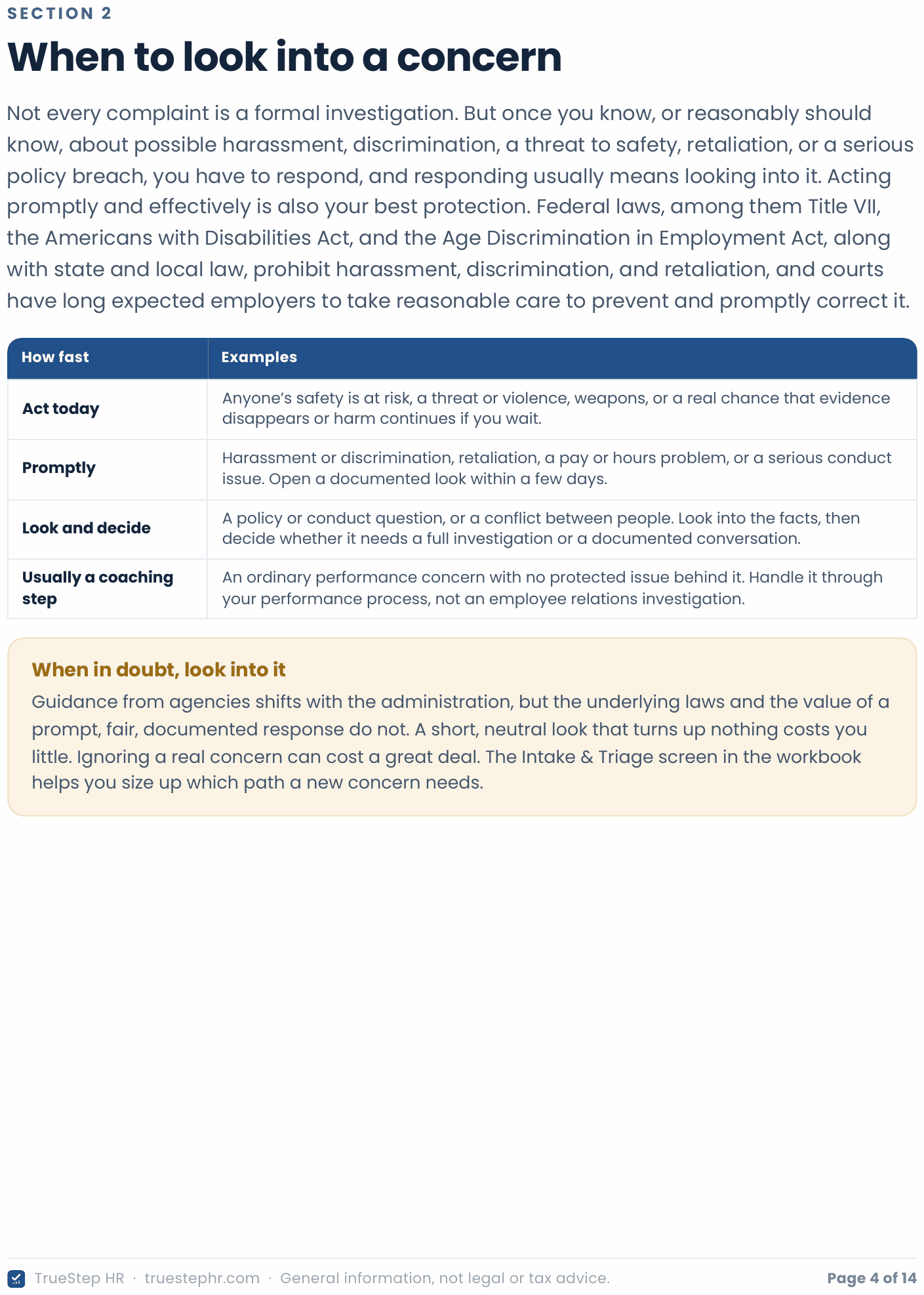 The When to look into a concern page from the Field Guide: a table that sorts a concern into act today, promptly, look and decide, or a coaching step, with examples for each, above a note on responding when a concern is unclear