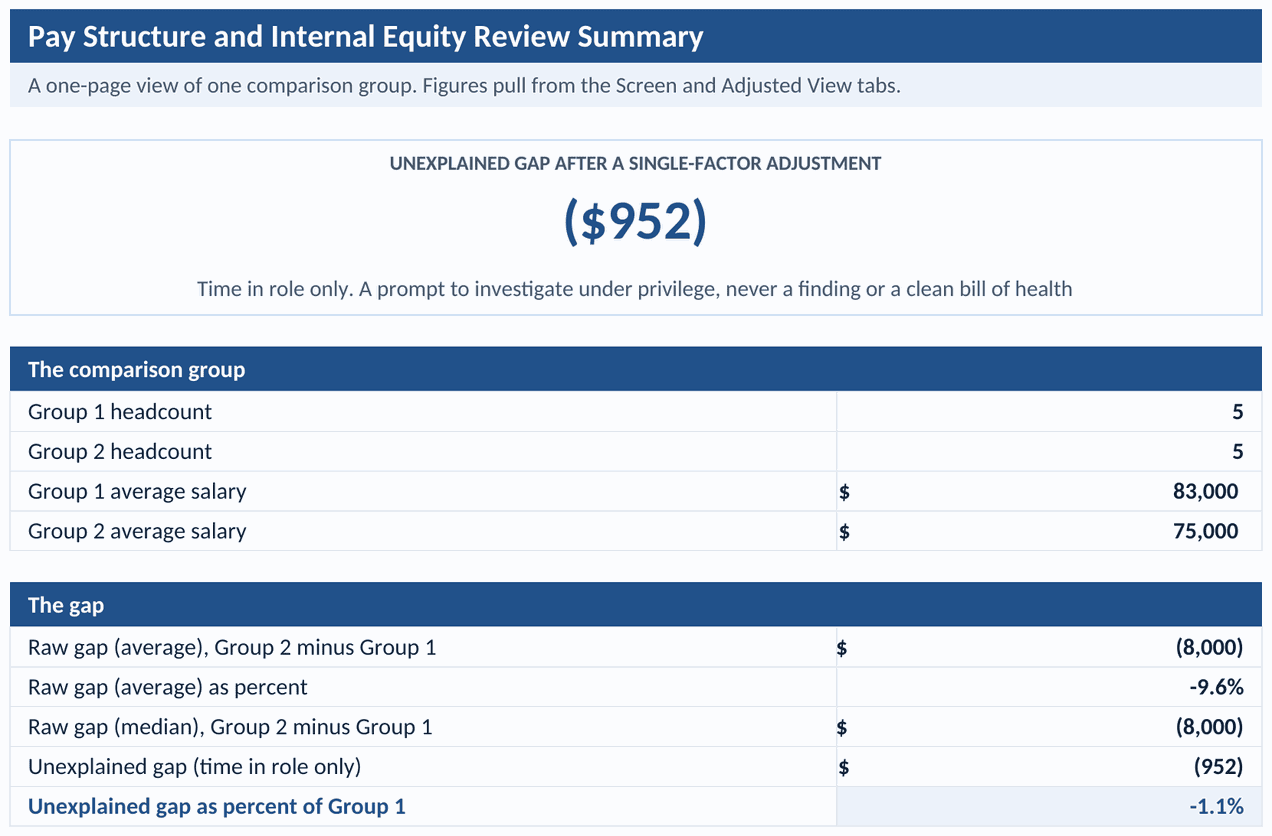 Summary tab: group sizes, raw gap, adjusted gap, and next steps