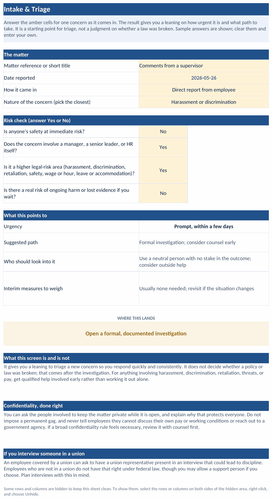 The Intake and Triage tab of the workbook: the matter recorded at the top, a four-question Yes or No risk check covering safety, who is involved, the legal-risk area, and ongoing harm, and a result that points to the urgency, the path, and who should look into it