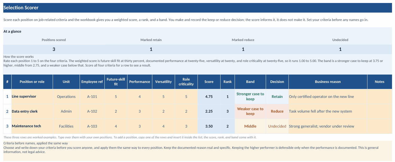 Workbook selection scorer tab