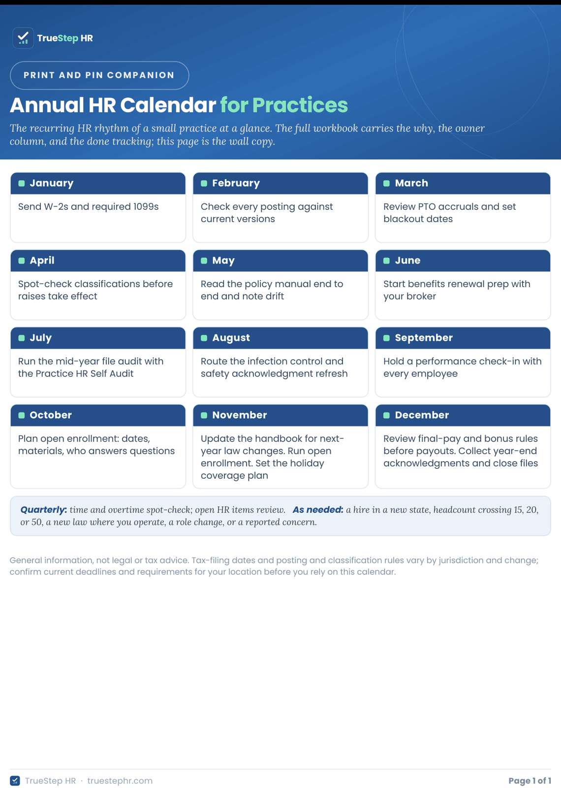 The print-and-pin one-pager: a single-page month grid of HR tasks to pin by the schedule