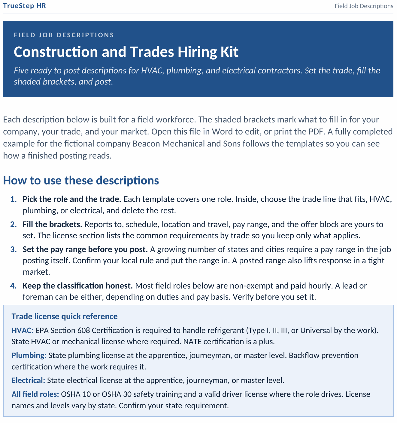 The Field Job Descriptions document, ready-to-post descriptions for trades roles