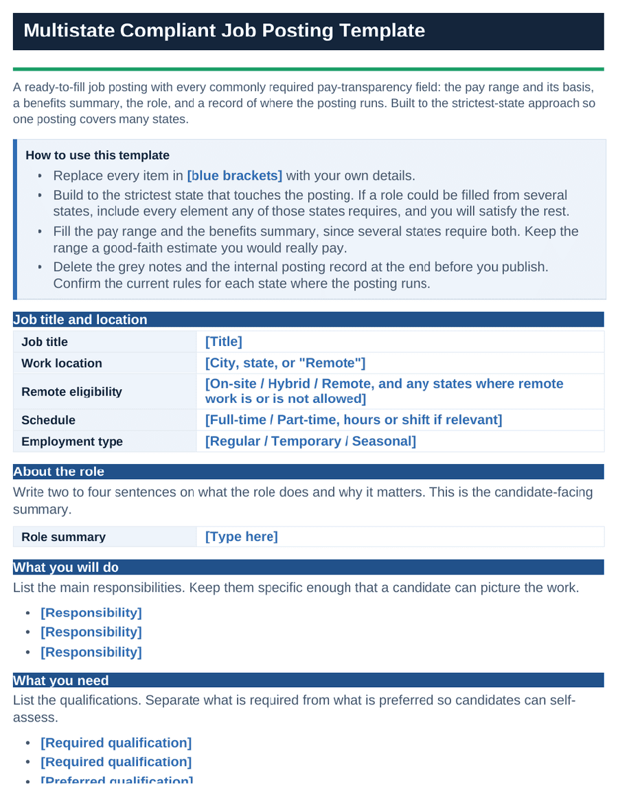 Multistate compliant job posting template with pay range, basis, and benefits fields