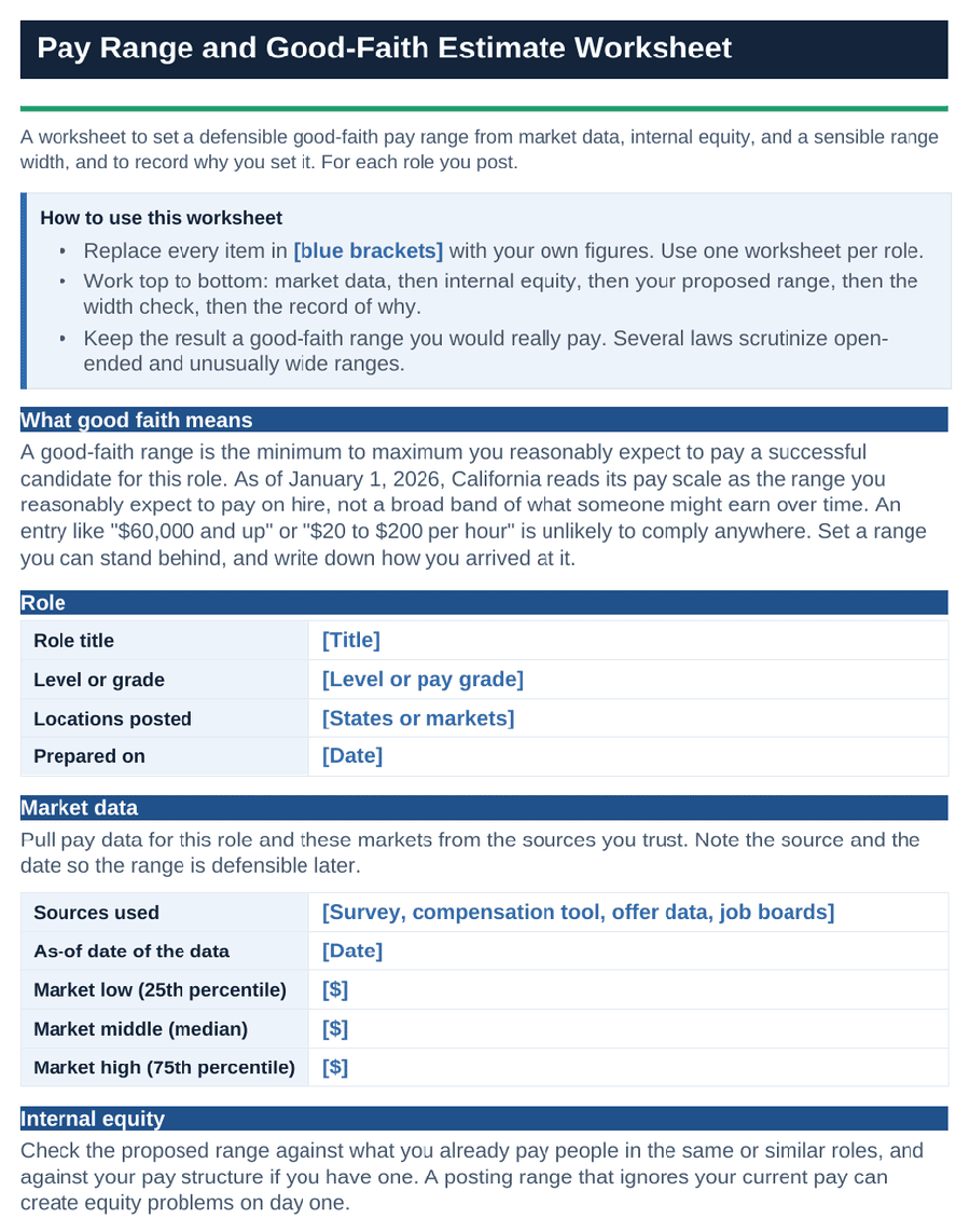 Pay range and good-faith estimate worksheet with market data and internal equity sections