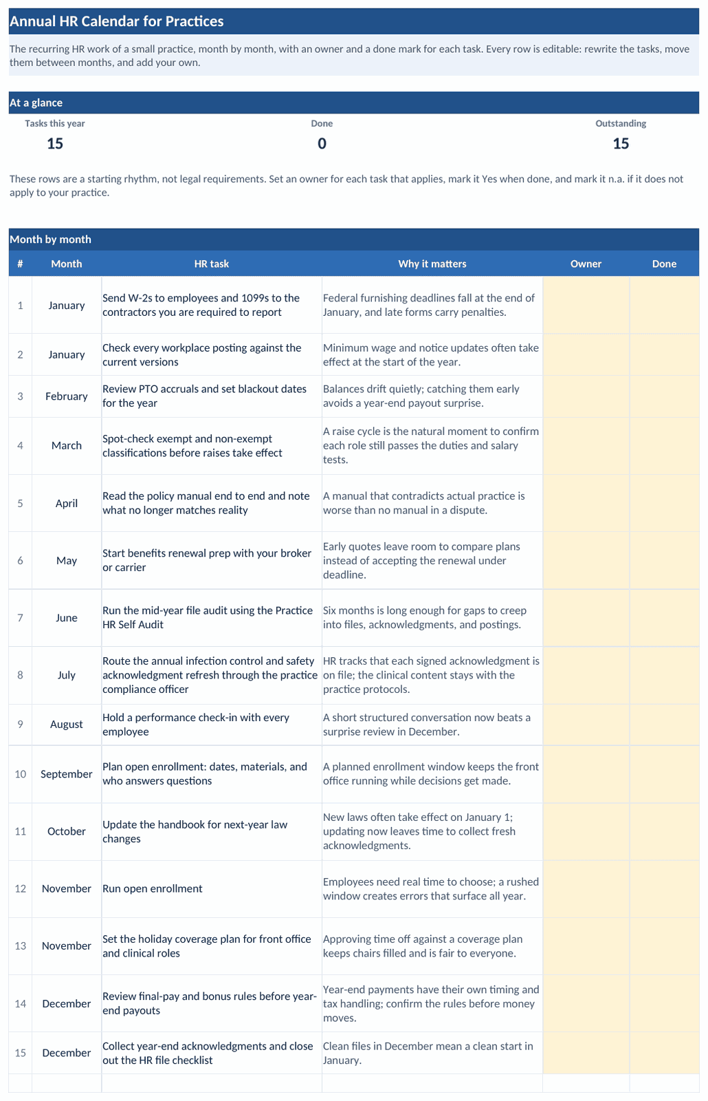 The Calendar tab of the Annual HR Calendar for Practices: fifteen seeded monthly tasks with owner and done columns