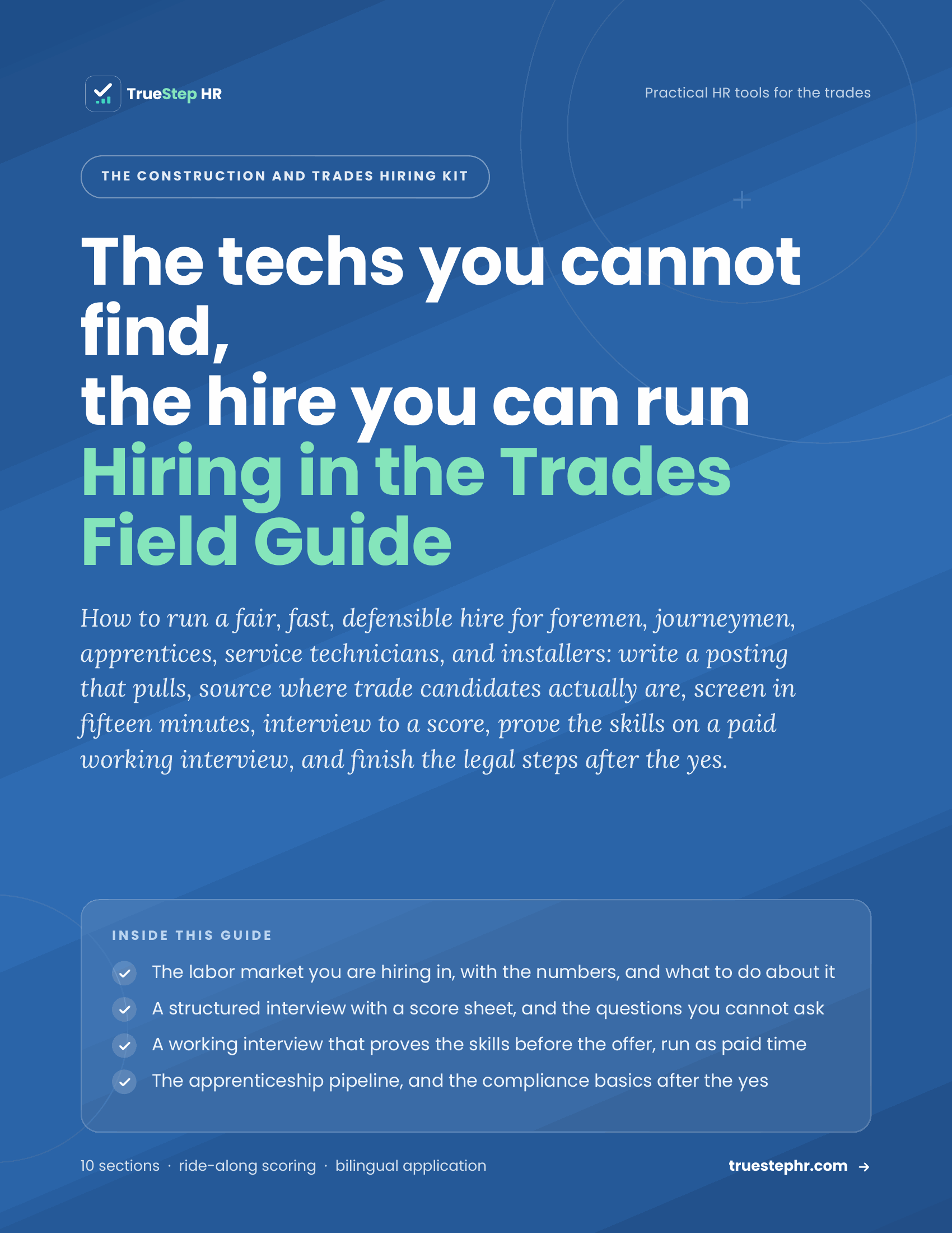 The Hiring in the Trades Field Guide cover, a ten-section guide to running a trades hire