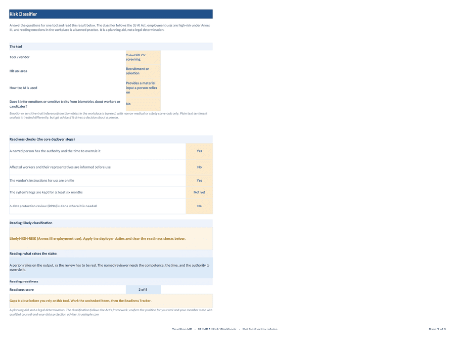 EU HR AI risk workbook inventorying and classifying AI used in employment decisions