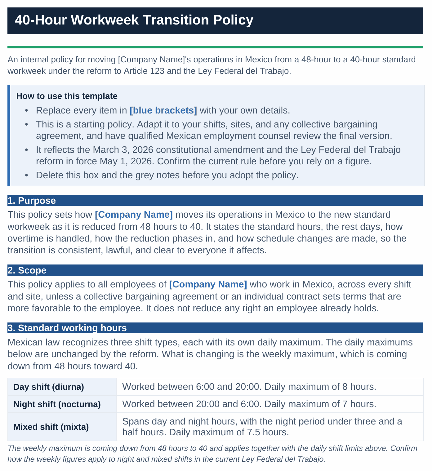 Page one of the Mexico 40-Hour Workweek Transition Policy template: a how-to-use note, the reform basis citing the 3 March 2026 constitutional amendment and the Ley Federal del Trabajo reform in force 1 May 2026, and a shift table setting the daytime, night, and mixed shift maxima