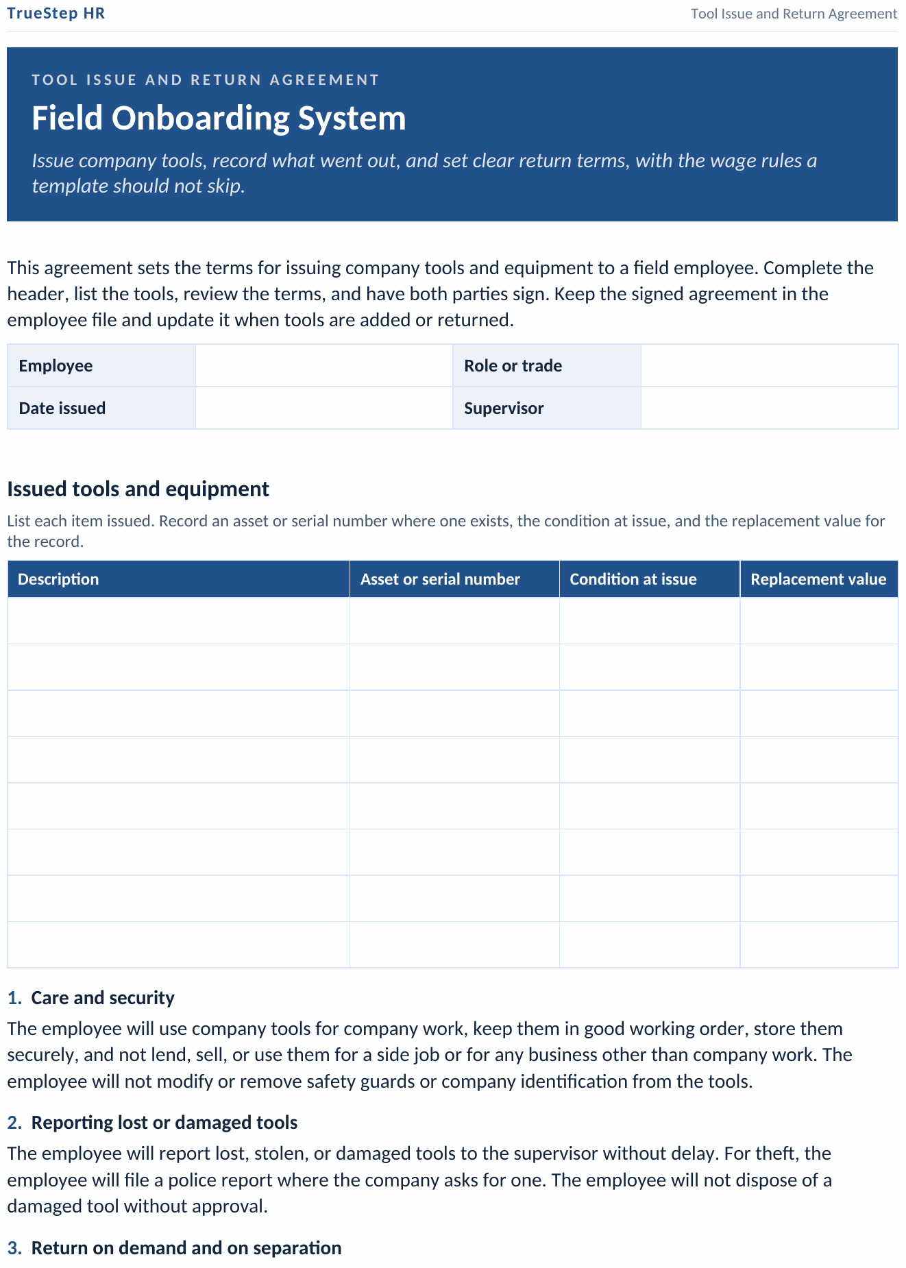 The Tool Issue and Return Agreement, issued tools listed with condition and replacement value