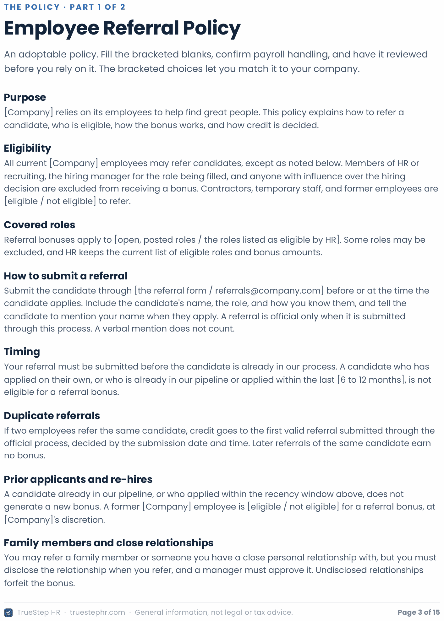 The Employee Referral Policy page: an adoptable policy with fill-in brackets covering purpose, eligibility, covered roles, how to submit a referral, timing, duplicate referrals, prior applicants and re-hires, and family or close relationships