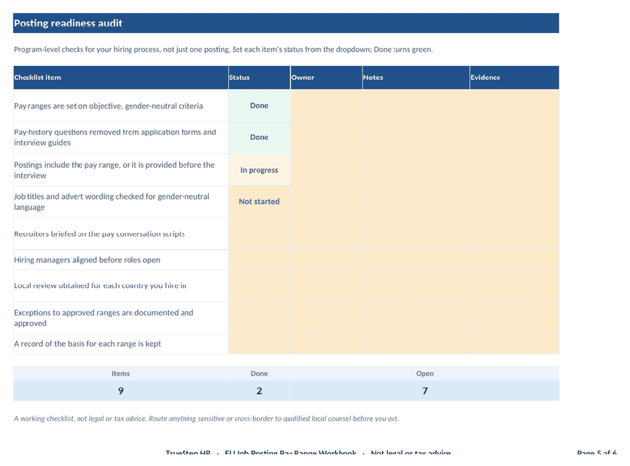 Posting tracker workbook tab with a readiness gate and per-posting checks
