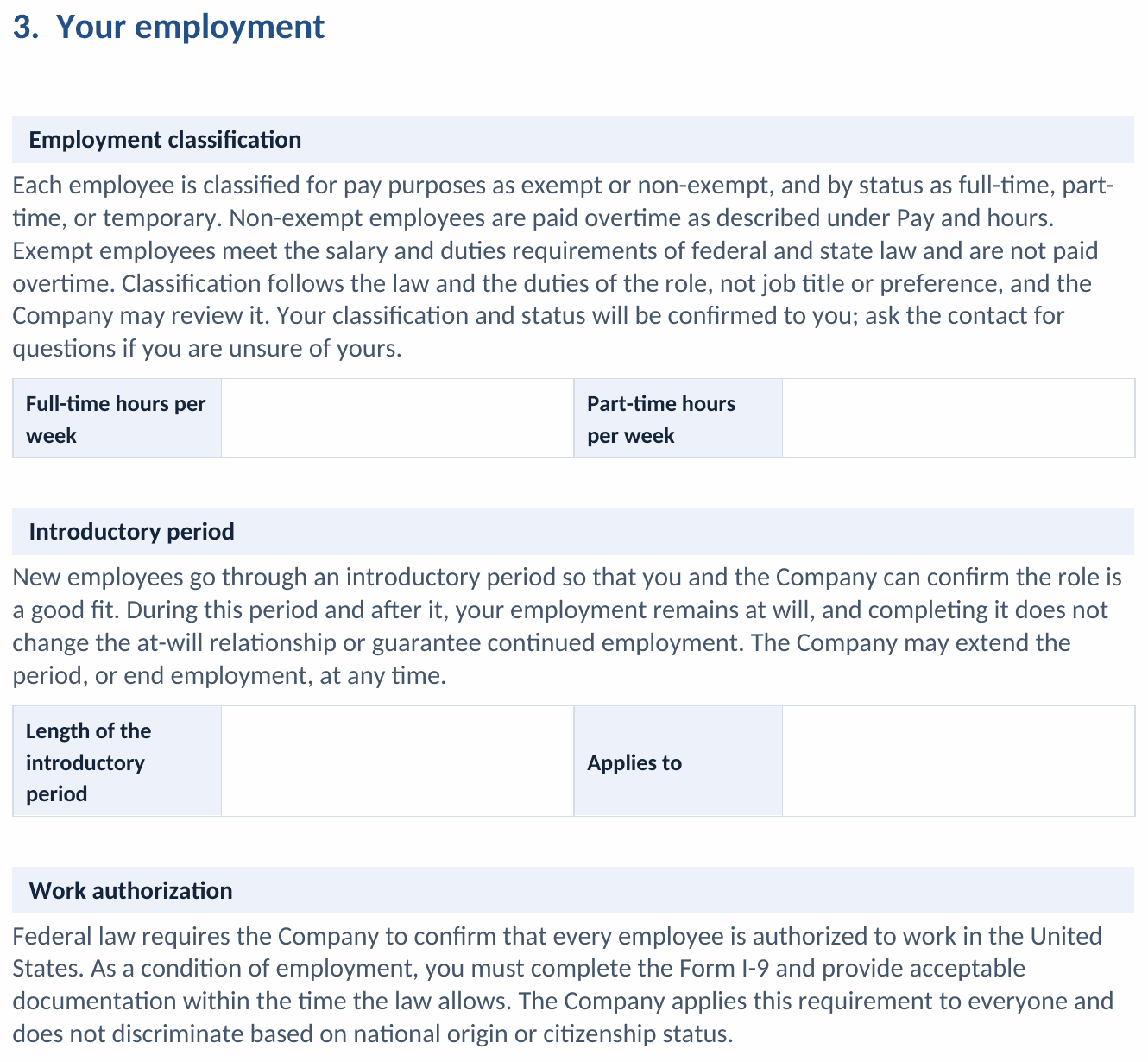 A page from the Employee Handbook Template covering employment classification, the introductory period, and work authorization, with shaded fill-in fields for full-time and part-time hours and the length of the introductory period, ready to adapt to the business