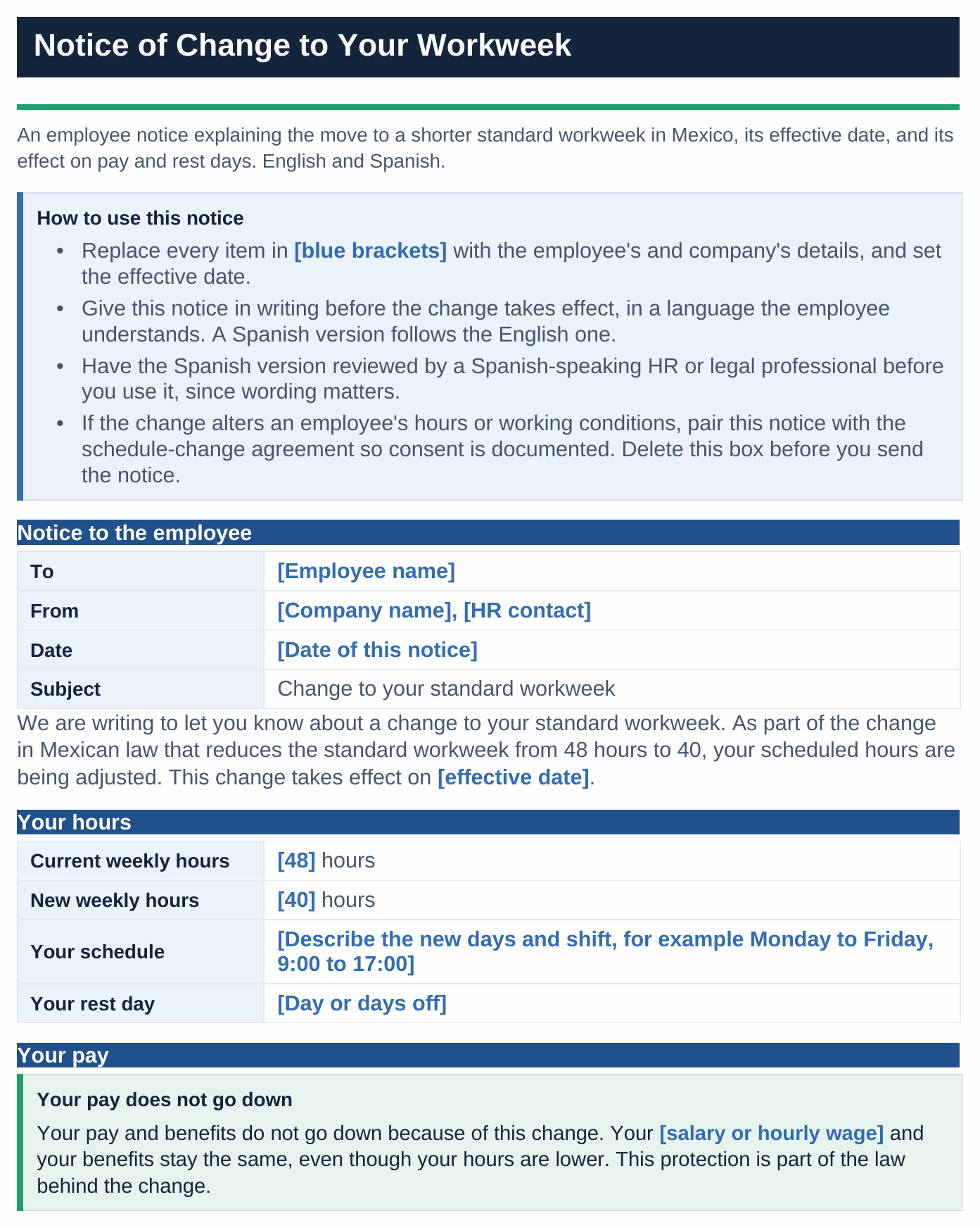 Page one of the bilingual Employee Notice template: the English text explaining the move from 48 to 40 hours and the line that pay does not go down, beside the full Spanish version, with a reviewer flag