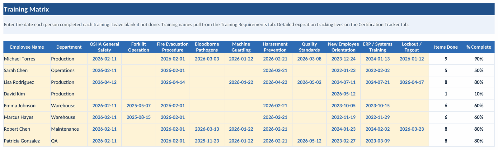 The Training Matrix example tab: eight employees against ten training requirements pulled from the requirements tab, completion dates filled in with blanks where training is not done, and Items Done and % Complete computing per person, from 1 item at 10% to 9 items at 90%