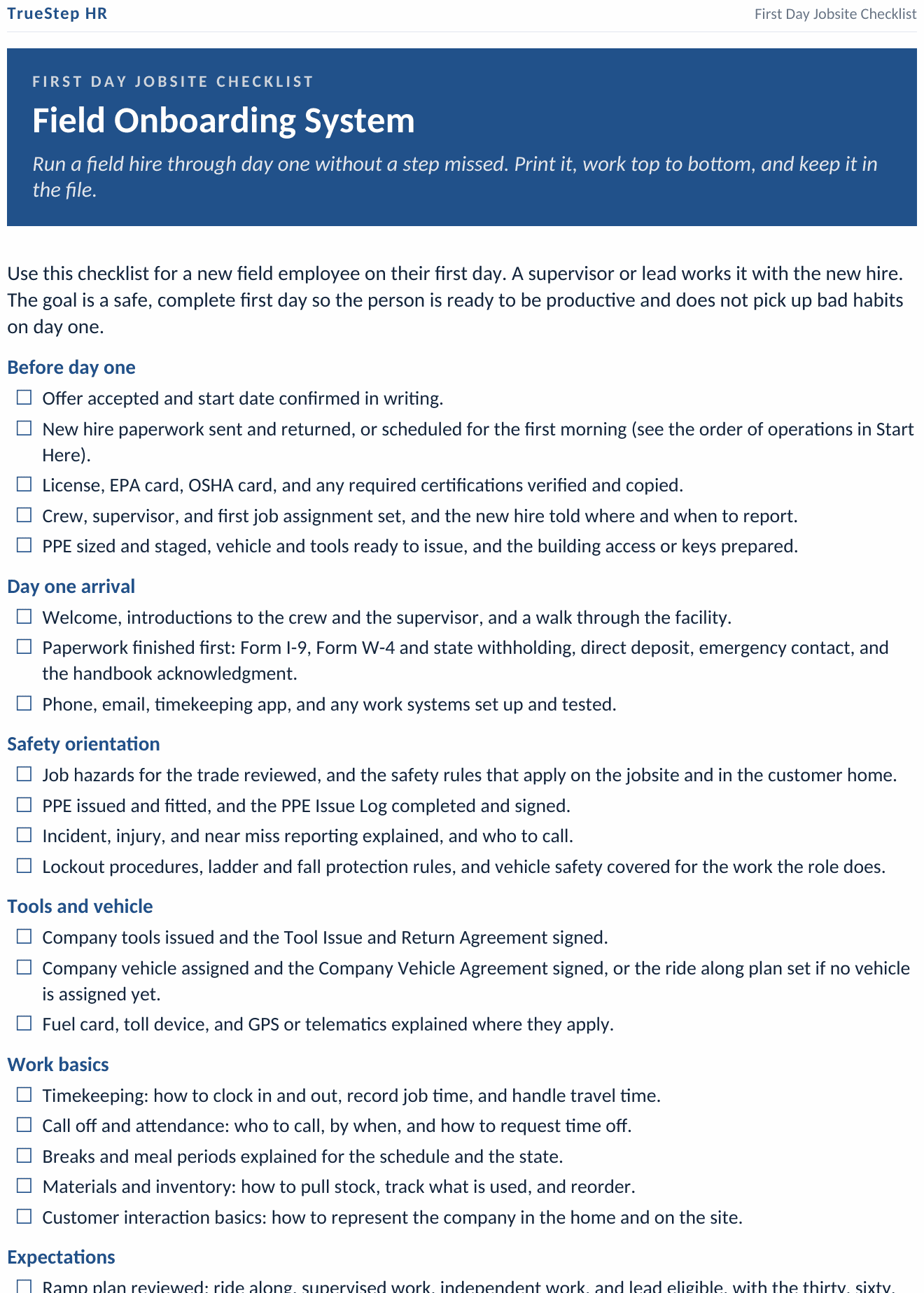The First Day Jobsite Checklist, a complete first day worked with the new hire