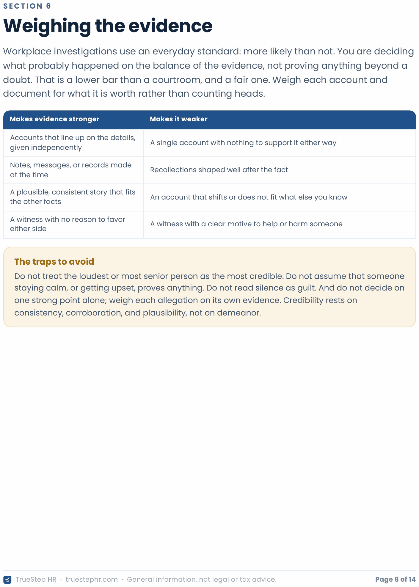 The Weighing the evidence page from the Field Guide: a table contrasting what makes evidence stronger with what makes it weaker, above a traps to avoid box on not treating the loudest or most senior account as the most credible