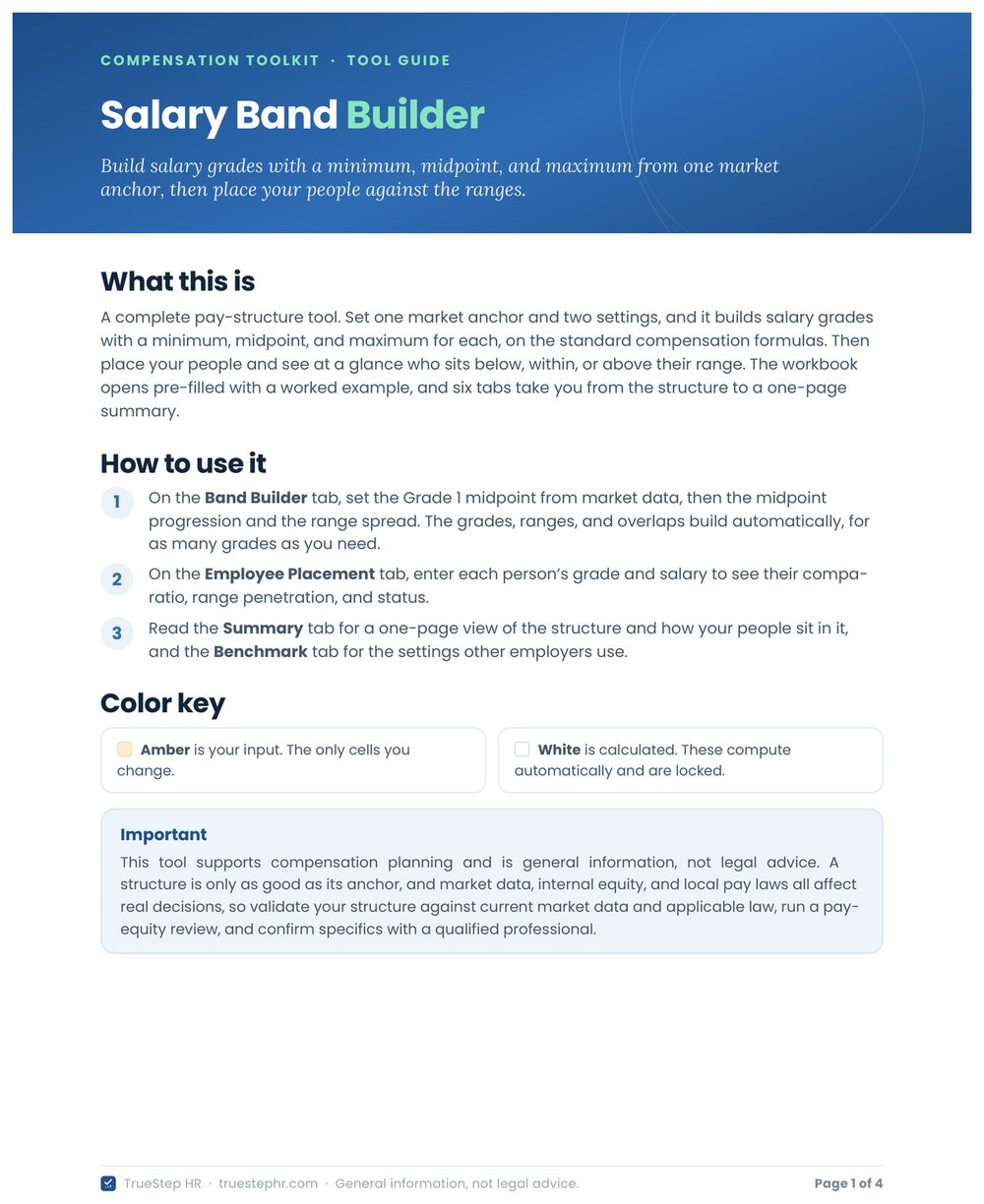 Page one of the Salary Band Builder guide with the Compensation Toolkit eyebrow: what this is, how to use it in three numbered steps, the amber and white color key, and the Important scope box with the June 2026 review date