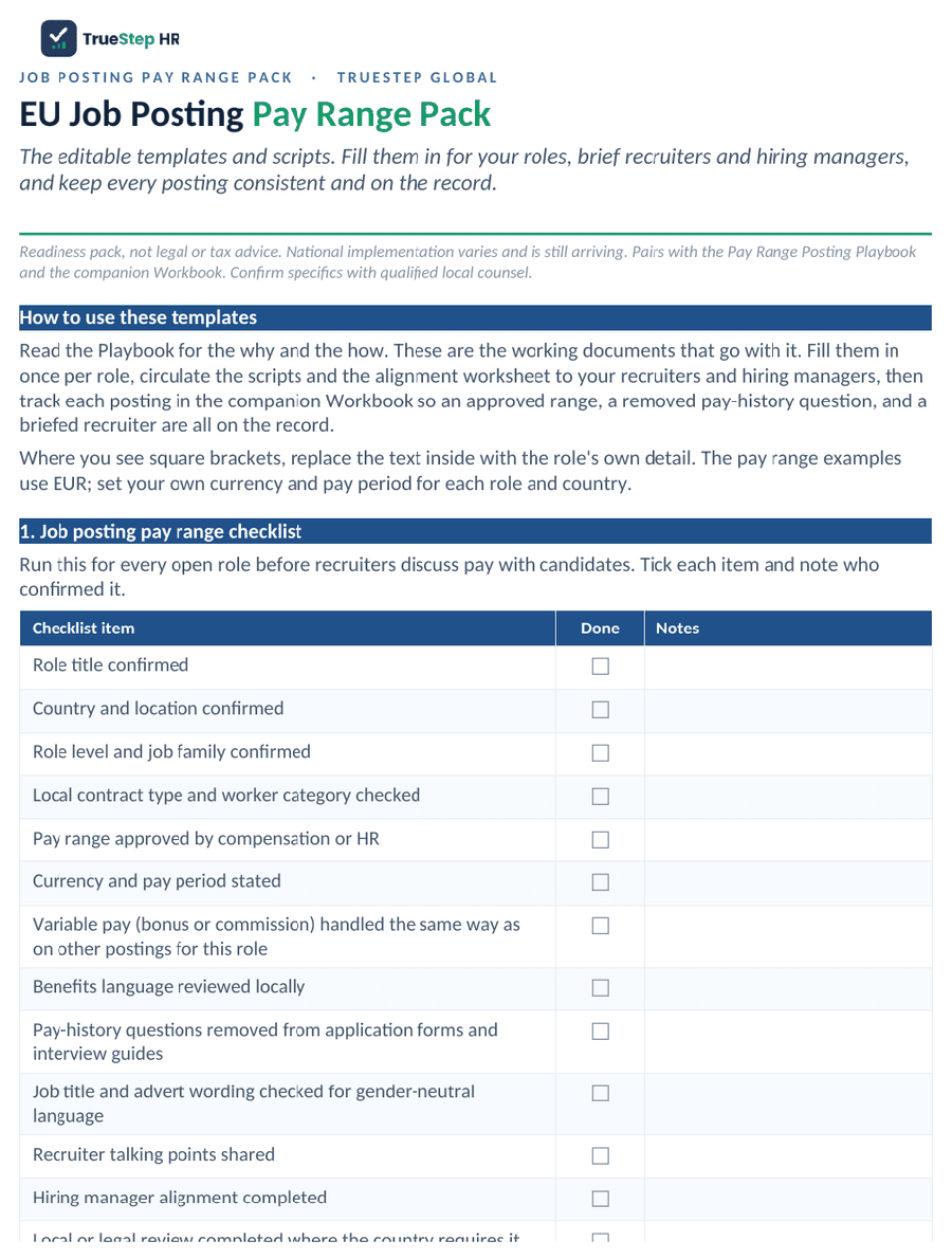 EU job posting pay range templates and scripts document with a posting checklist