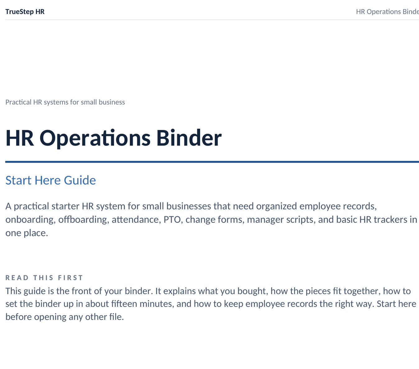 Page one of the Start Here Guide: the HR Operations Binder title, a description of the practical starter HR system, the read-this-first block with the fifteen-minute setup, and the footer with the single-business license and the not-legal-advice scope line