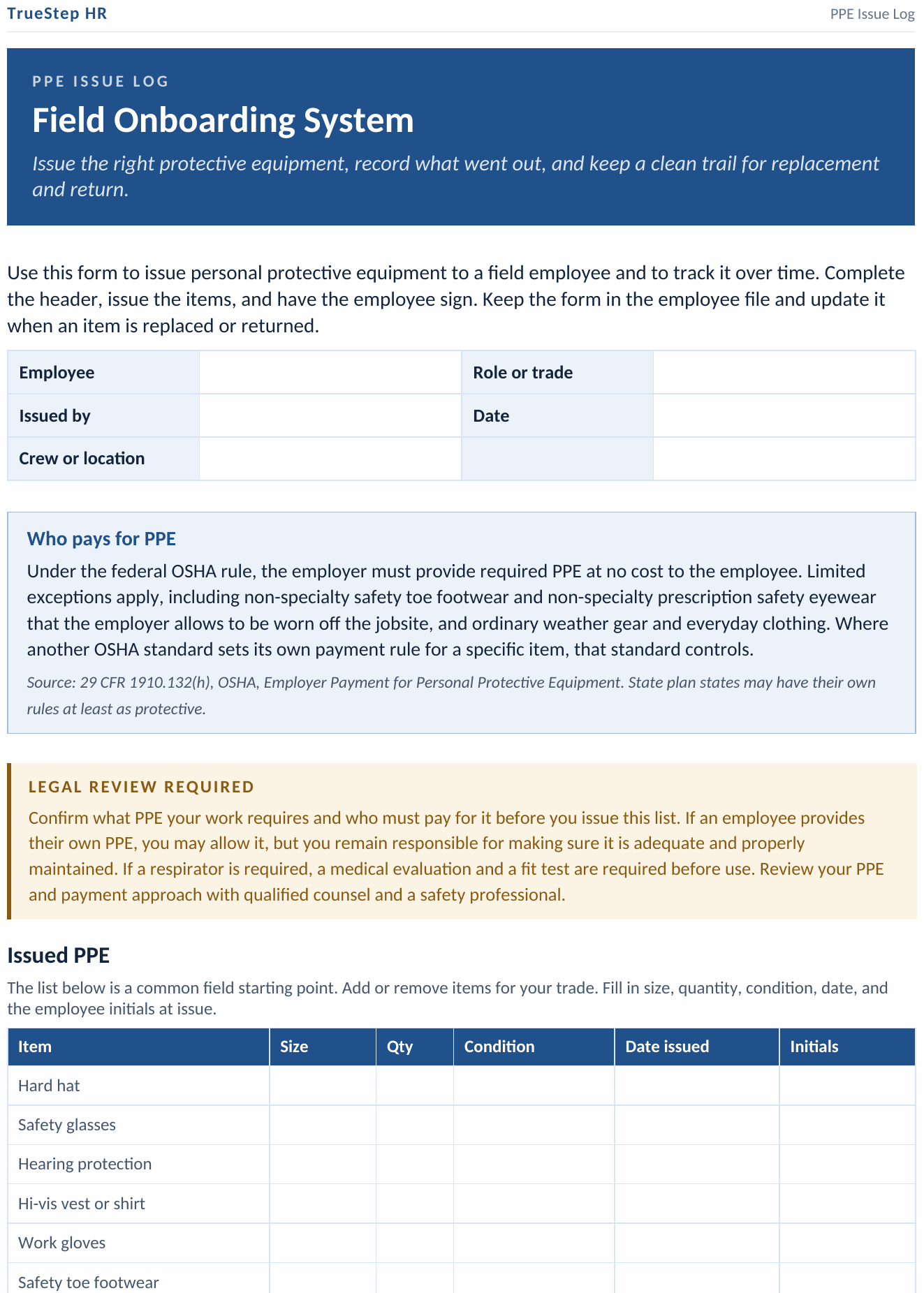 The PPE Issue Log, protective equipment recorded with a signature and the OSHA payment rule