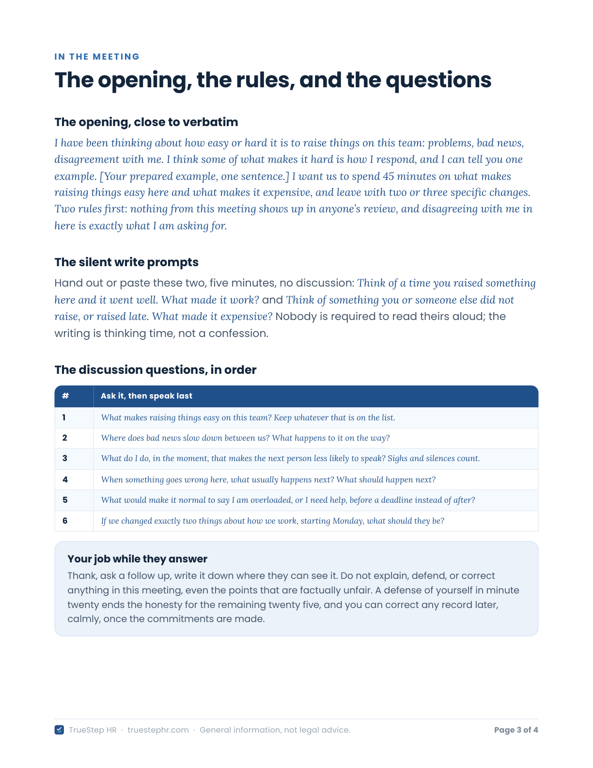 The Conversation Guide page with the verbatim opening script, the two silent write prompts, and a numbered table of the six discussion questions to ask in order