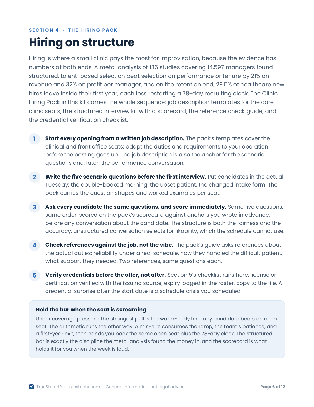 The Hiring on structure chapter of the System Guide: five numbered moves from the written job description through source-verified credentials, above a callout on holding the bar under coverage pressure