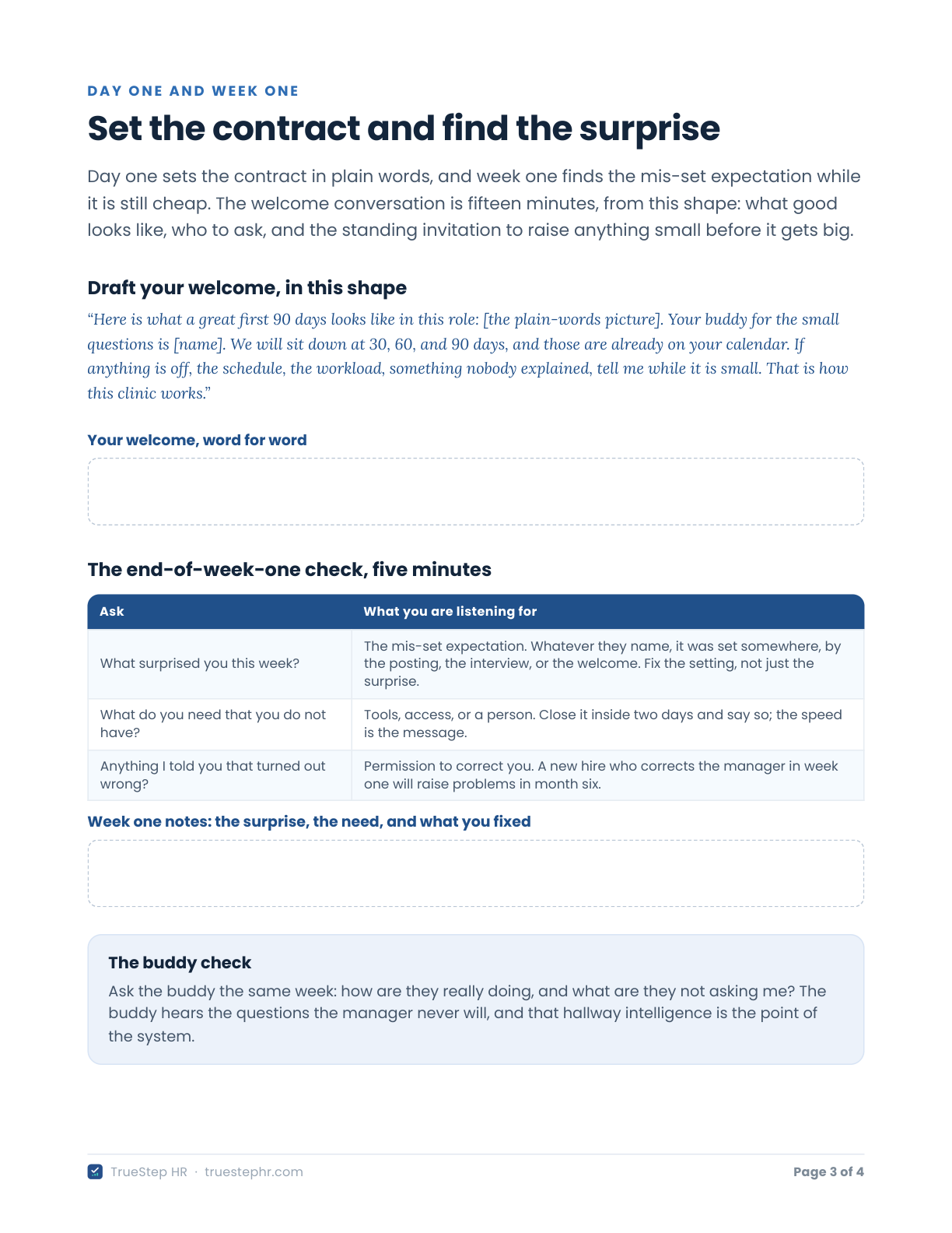 The First 90 Days Planner page with the welcome script shape, a write-in box for your own welcome word for word, and the end-of-week-one check questions