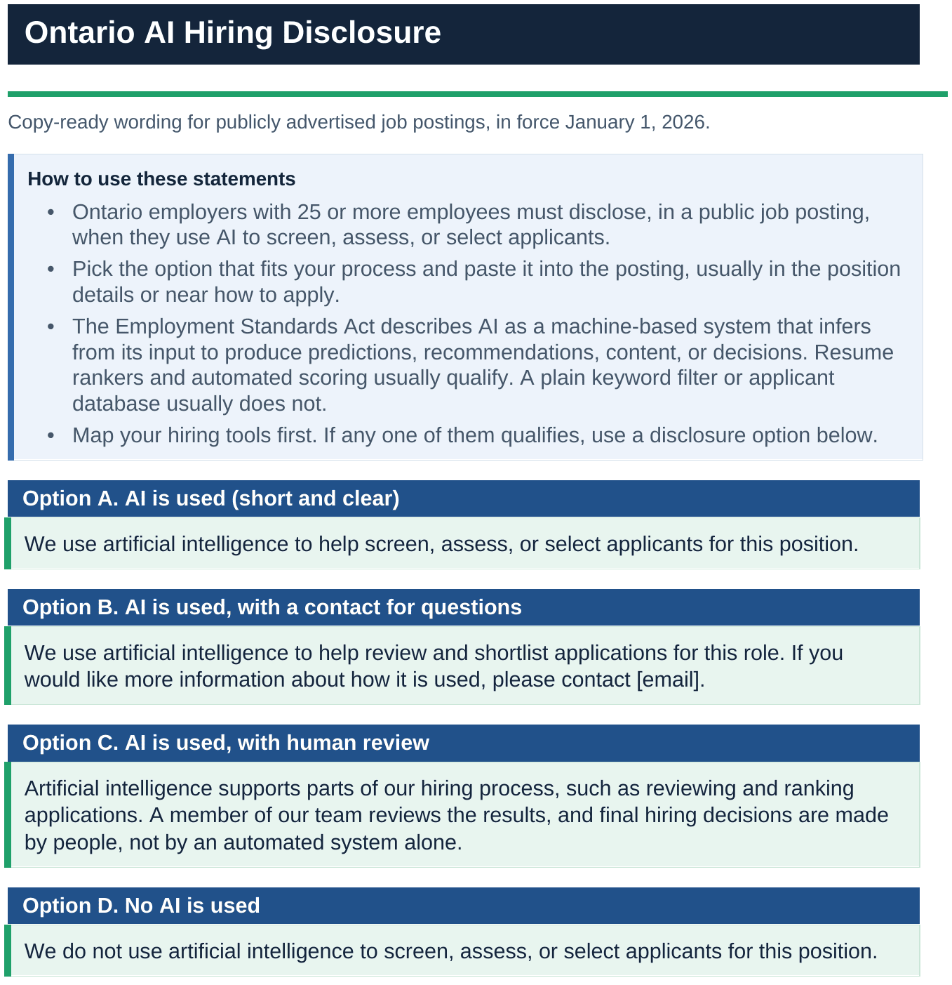Ontario AI hiring disclosure template with four wording options