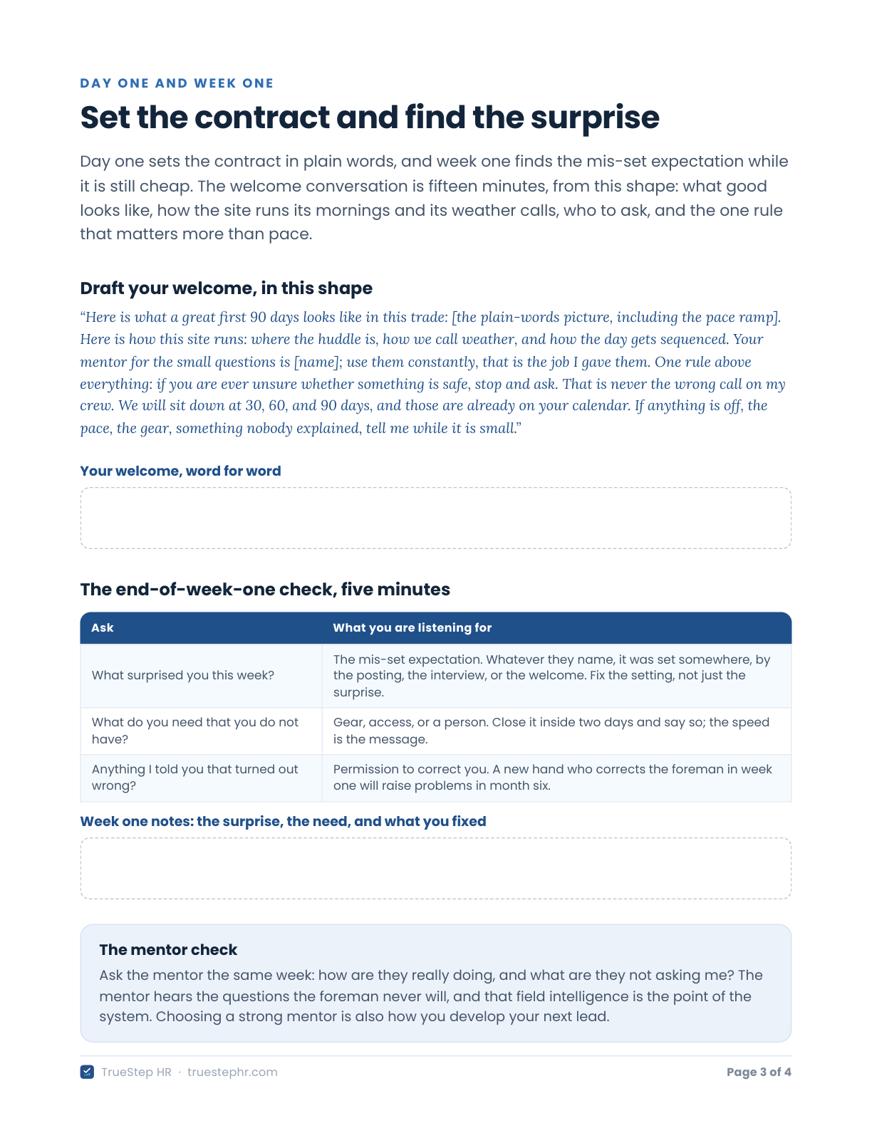 The First 90 Days Planner page with the welcome script shape, a write-in box for your own welcome word for word, and the end-of-week-one check questions