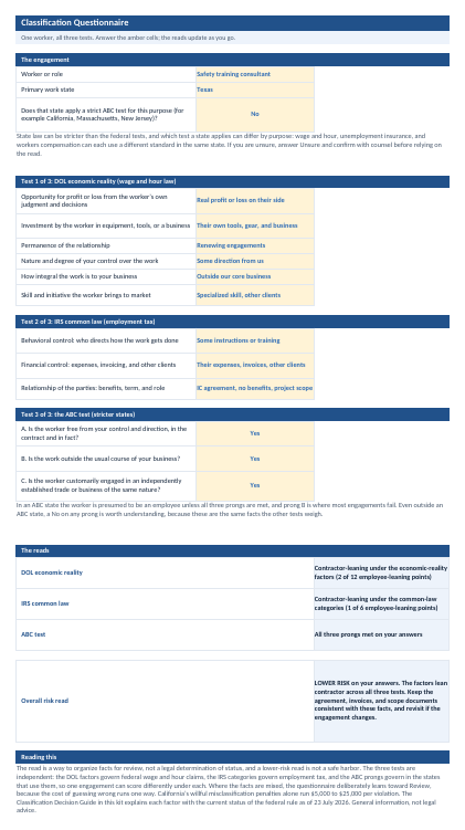 Classification questionnaire tab