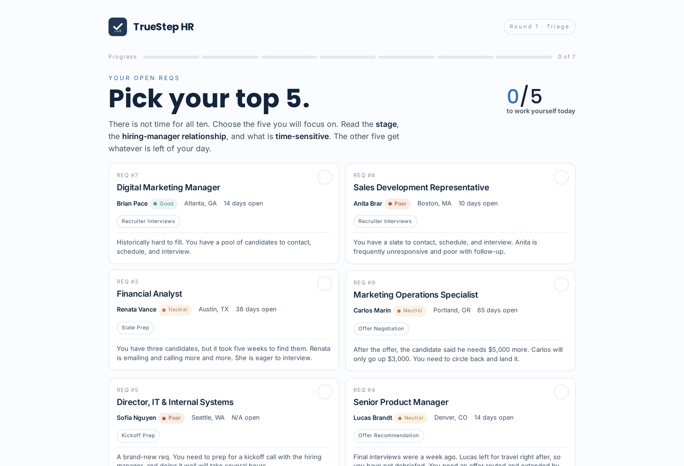The Recruiter simulation draft board reading Pick your top 5, with requisition cards showing the role, the hiring manager and the relationship pill, the location, days open, and the stage, a progress bar at Round 1 Triage, and a counter of zero of five to work yourself today