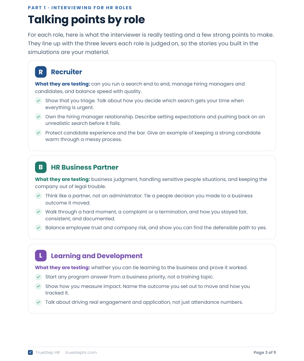 Page 3 of The HR Career and Interview Guide: Talking points by role, with cards for Recruiter, HR Business Partner, and Learning and Development, each listing what the interviewer is testing and three strong points to make