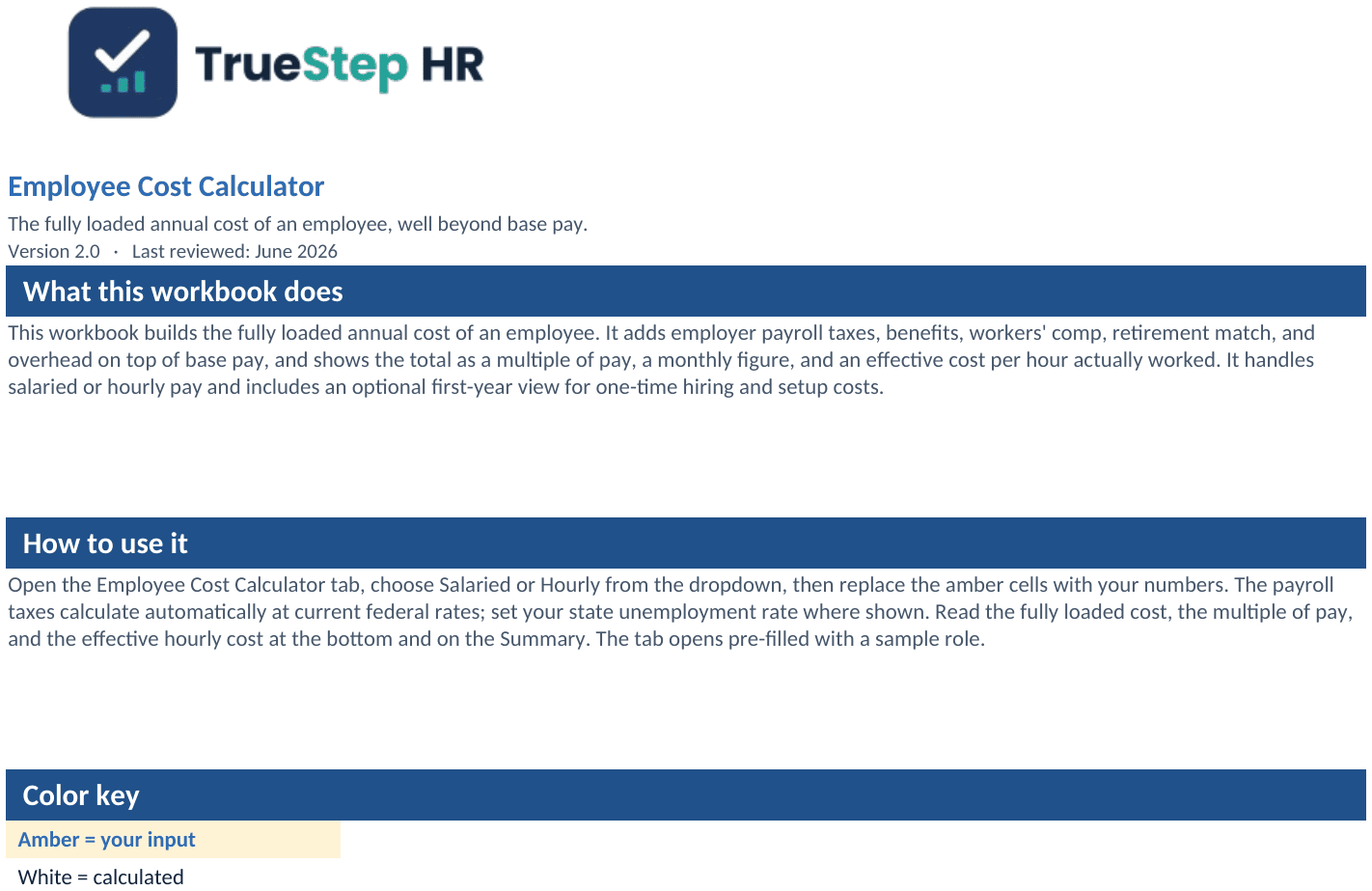 Start Here tab explaining what the workbook does and how to use it