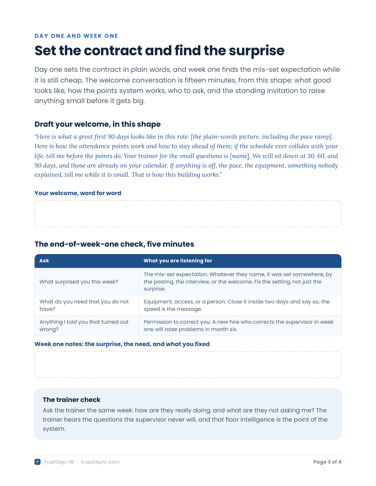 The First 90 Days Planner page with the welcome script shape, a write-in box for your own welcome word for word, and the end-of-week-one check questions