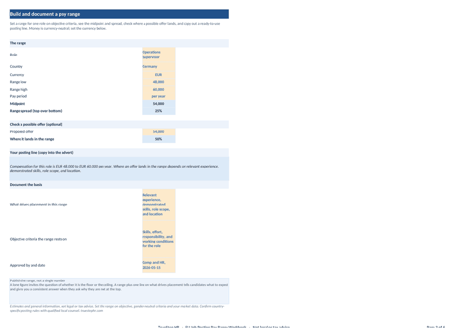Range builder workbook tab building a pay range and the posting line