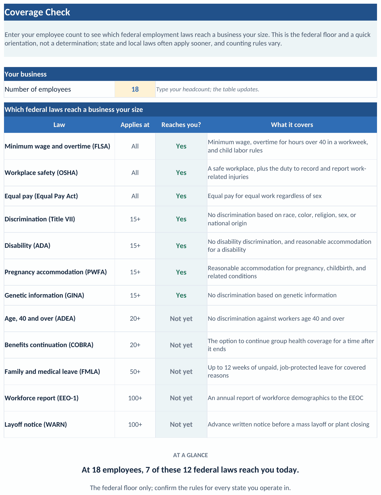 The Coverage Check tab of the workbook: a headcount entered at the top, then a table of twelve federal employment laws with the size each applies at, whether it reaches the business now, and what it covers, ending in an at-a-glance count of how many reach a business of that size today