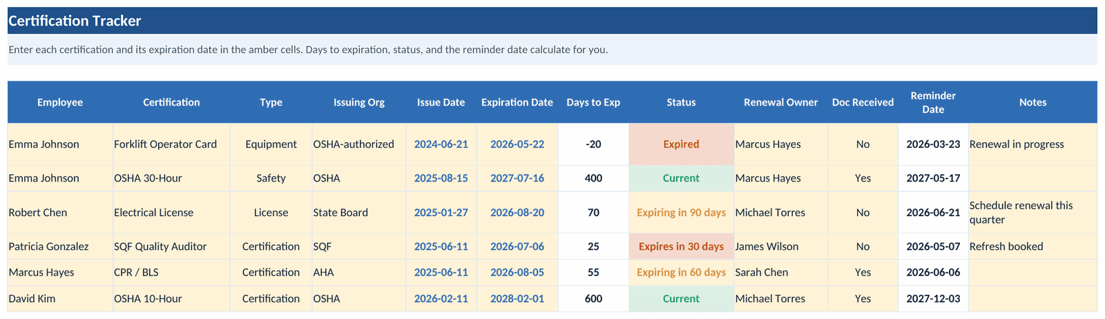 The Certification Tracker example tab: six certifications with issuing organizations, issue and expiration dates, days to expiration computing from minus 20 to 600, status pills reading Expired, Expires in 30 days, Expiring in 60 and 90 days, and Current, with renewal owners, doc received flags, and reminder dates