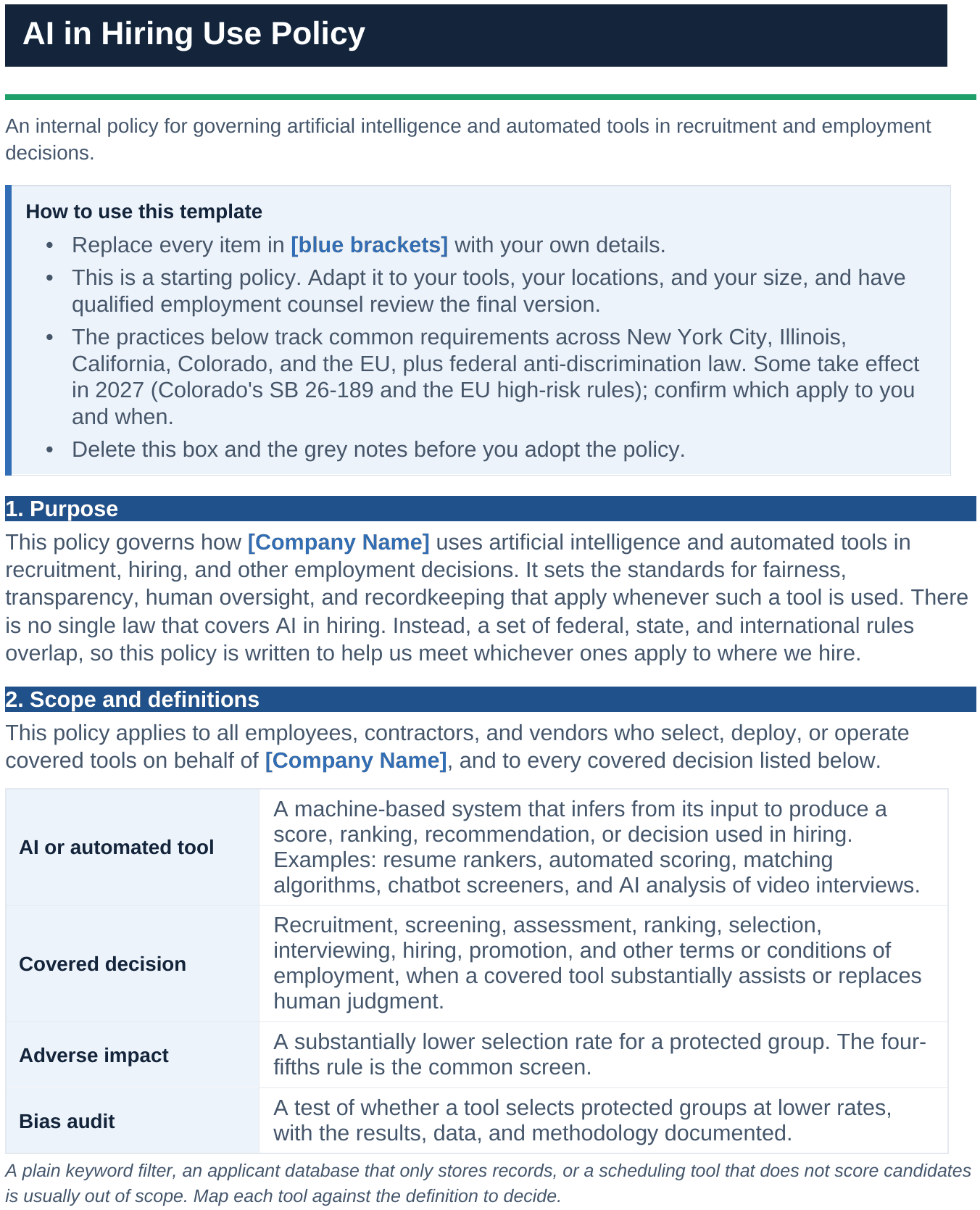 AI hiring use policy template with purpose, scope, and covered-tool definitions