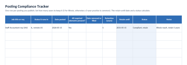 Posting compliance tracker tab logging postings with a calculated retain-until date