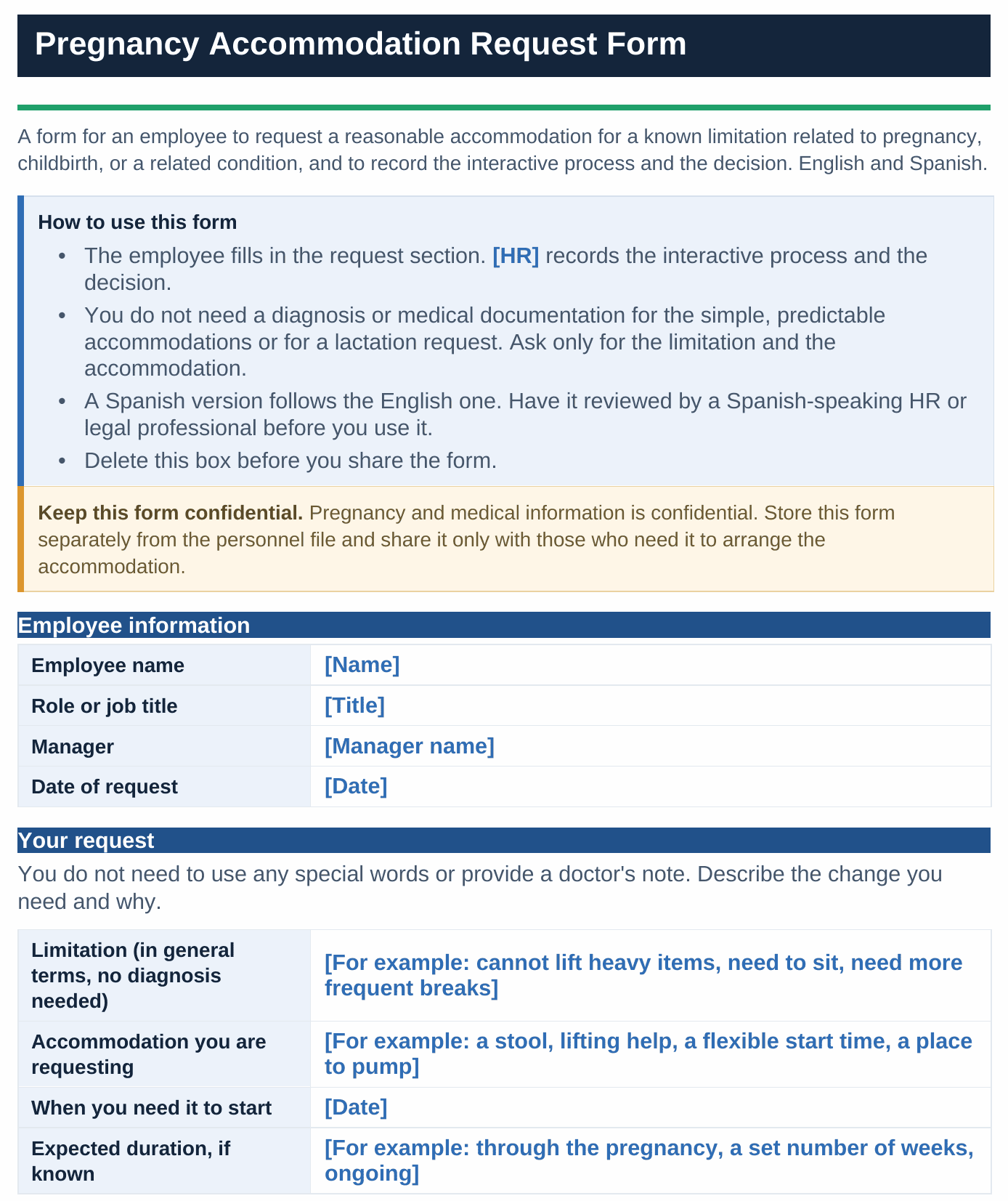 Page one of the Pregnancy Accommodation Request Form: a confidentiality callout directing the form to be stored separately from the personnel file, an employee information table, and the request section with plain-language examples of limitations and accommodations