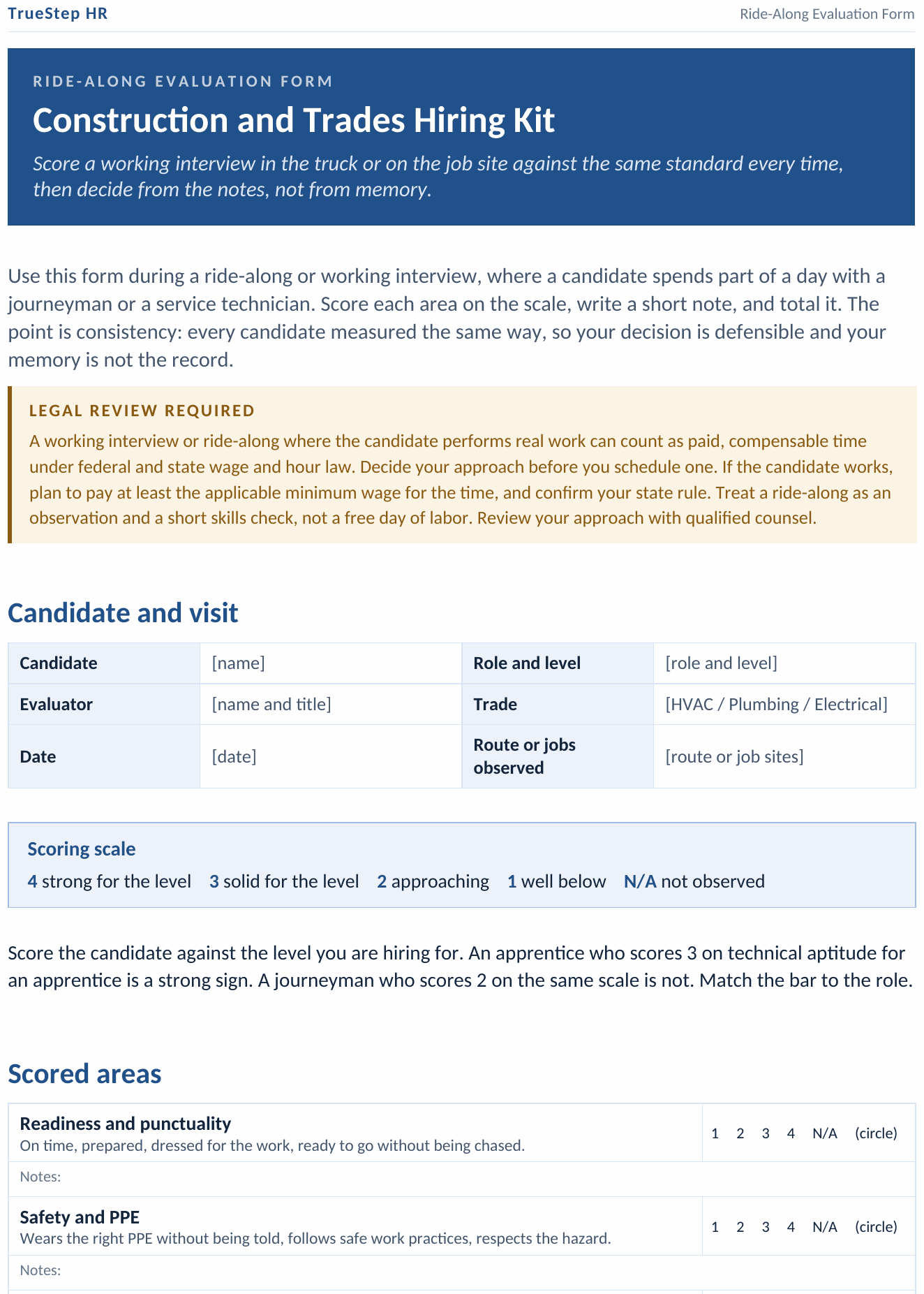 The Ride-Along Evaluation Form, a structured scoresheet for the paid working interview
