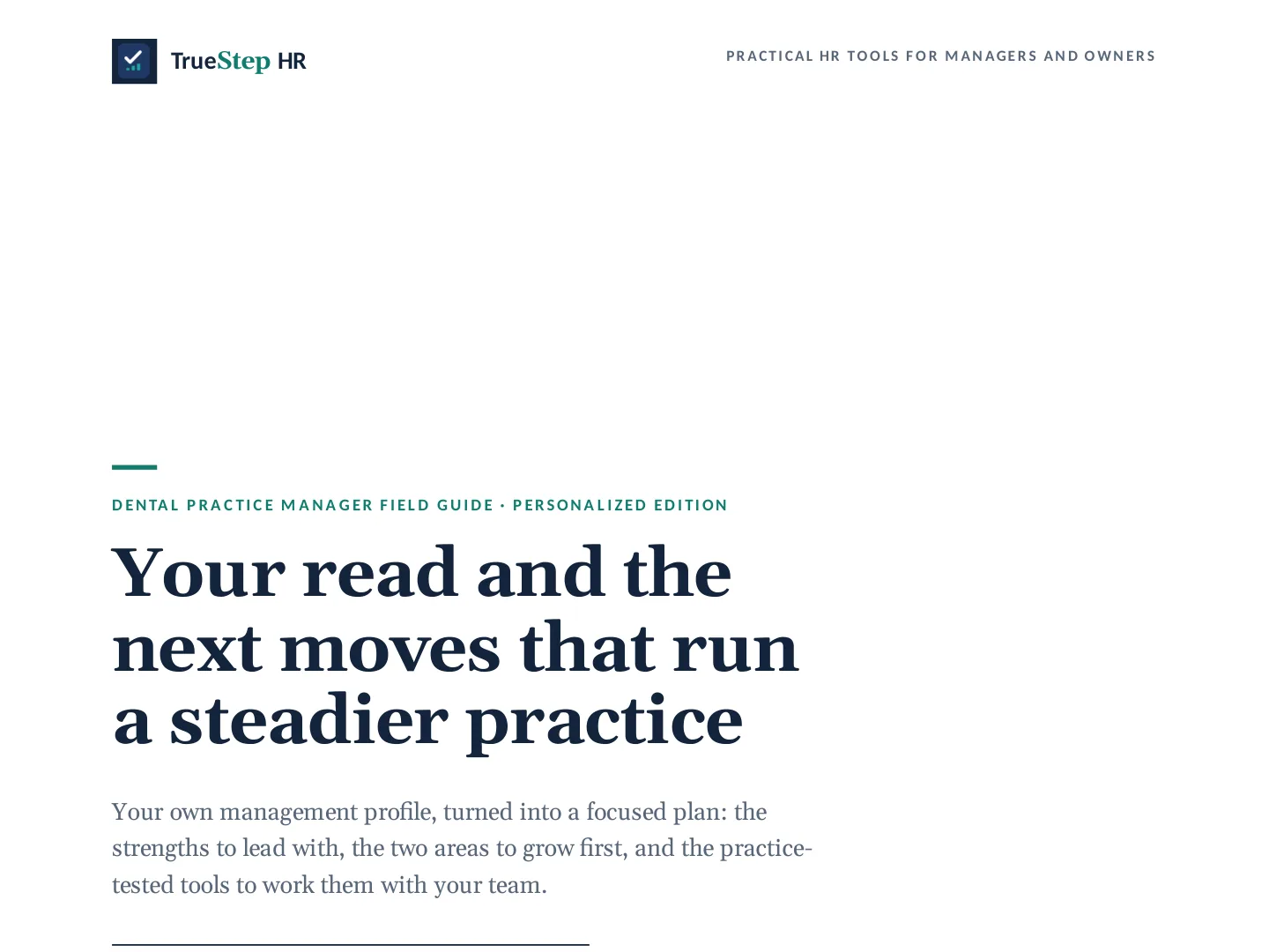 Dental Practice Manager Field Guide, Personalized Sample, page 1, showing the opening of the section.