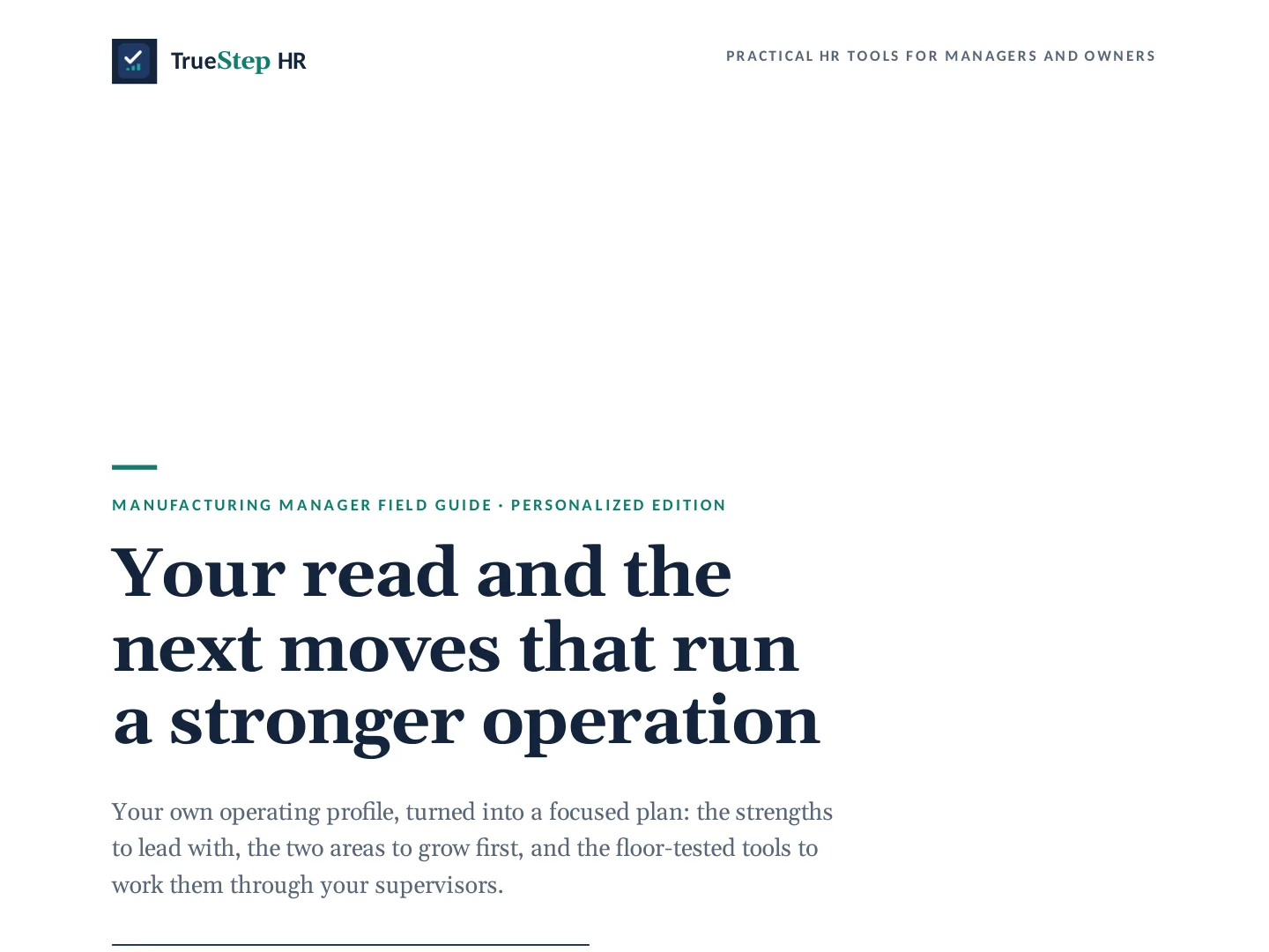 Manufacturing Manager Field Guide, Personalized Sample, page 1, showing the opening of the section.