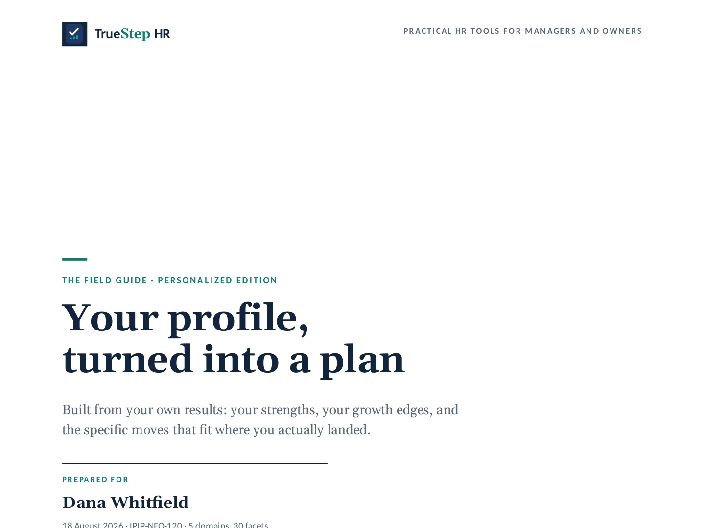 Work Style Field Guide, Personalized Sample, page 1, showing the opening of the section.