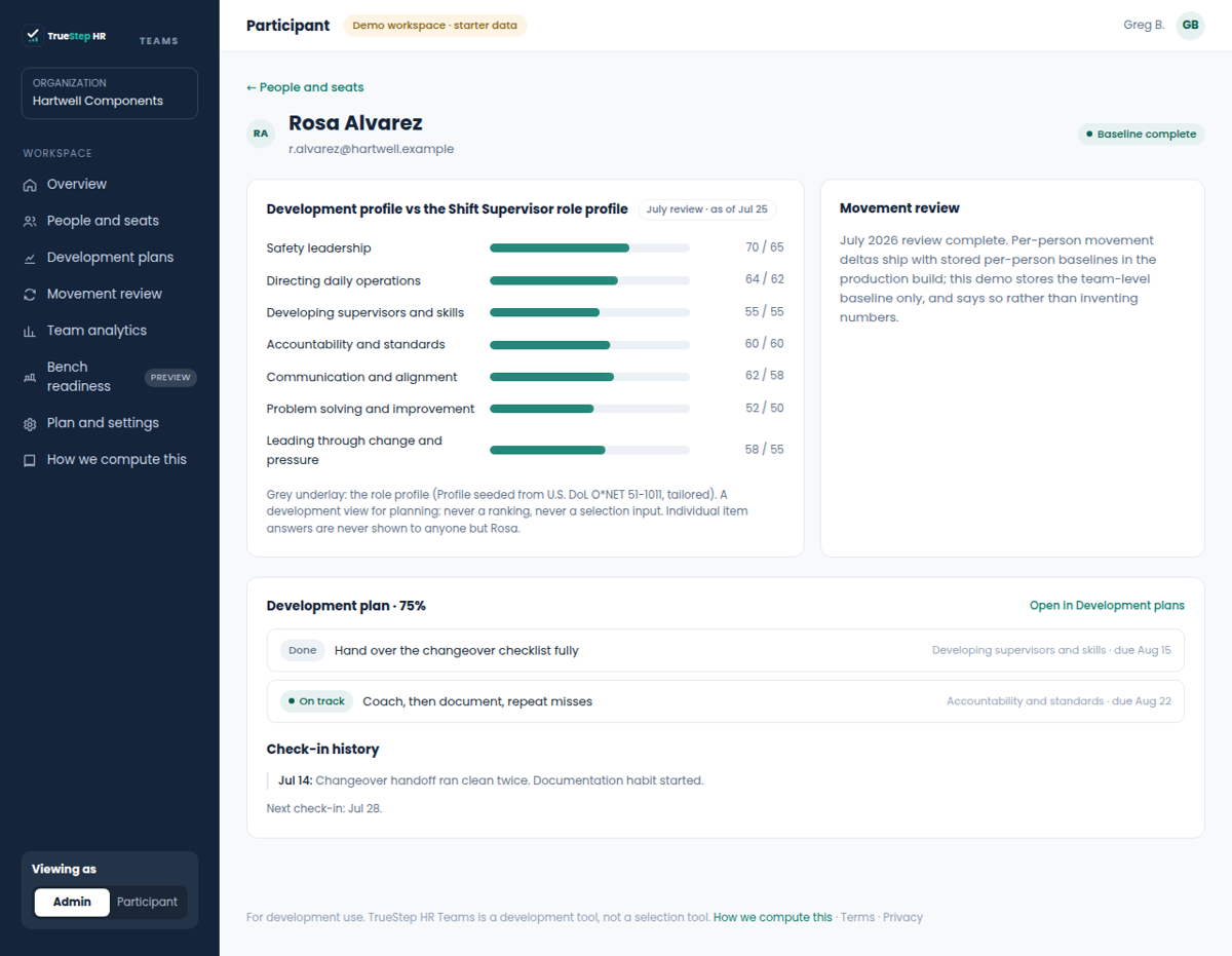 A person view: development profile against the role profile, plan, and check-in history
